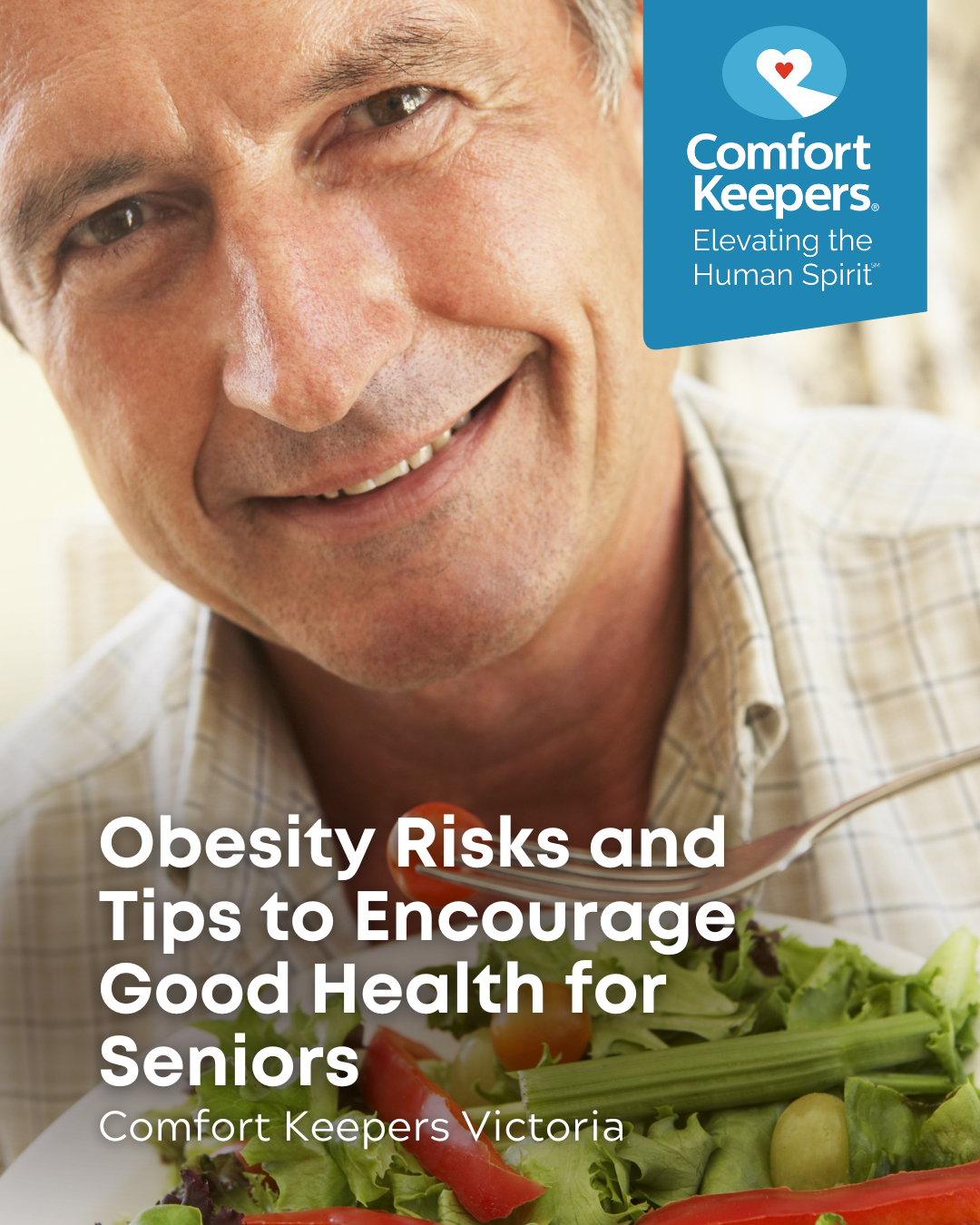 Senior male with a healthy plate of salad | Obesity Risks and Tips to Encourage Good Health for Seniors | Comfort Keepers Victoria | BLOG POST