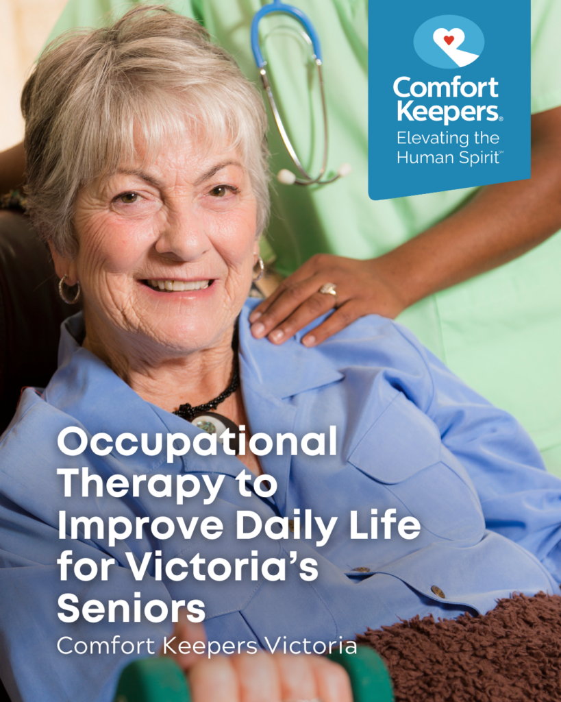 Senior woman exercising and smiling at camera | Occupational Therapy to Improve Daily Life for Victoria's Seniors | Comfort Keepers Victoria | BLOG POST