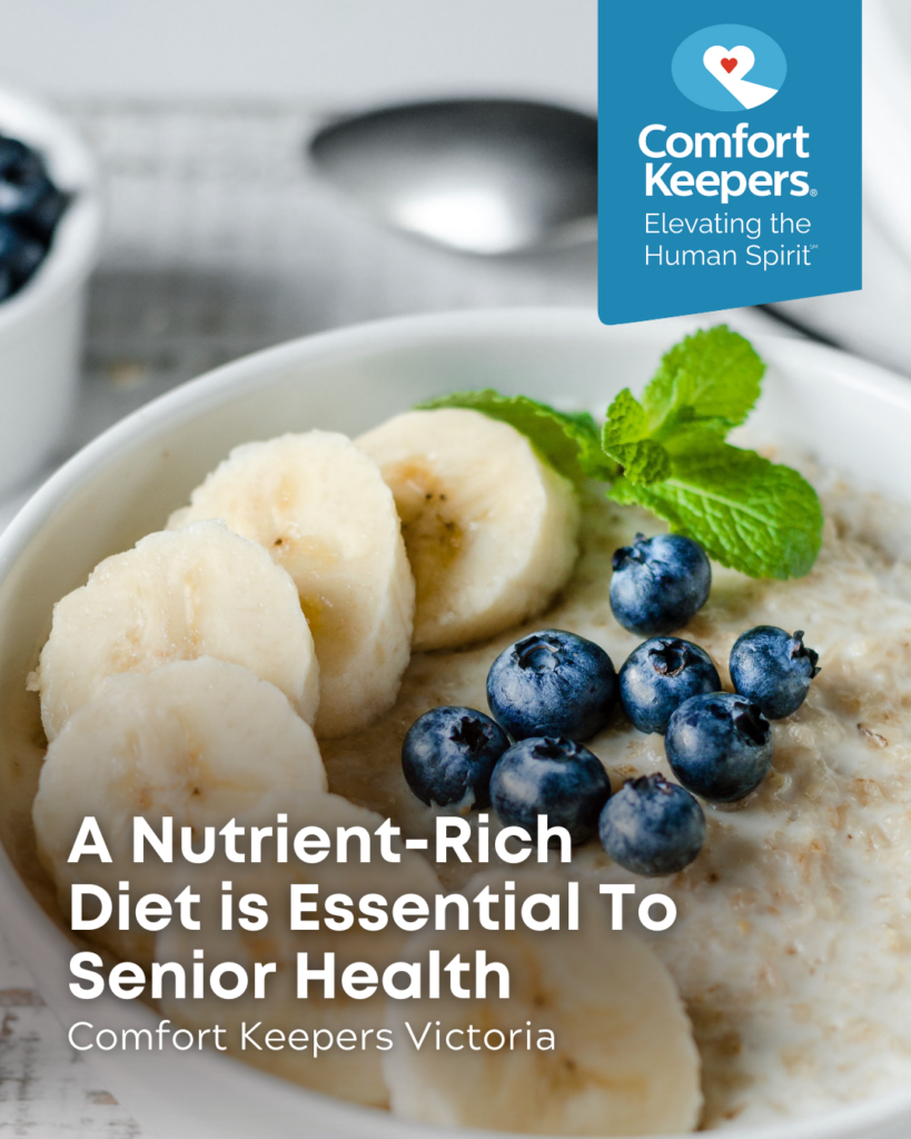 Bowl of porridge with bananas, blueberries and mint | A Nutrient-Rich Diet is Essential to Senior Health | Comfort Keepers Victoria | BLOG POST