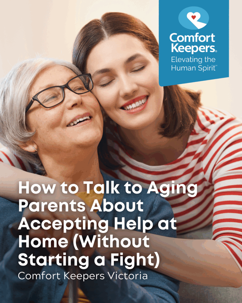 Senior with adult Child in an embrace | Comfort Keepers Victoria | How to Talk to Aging Parents About Accepting Help at Home (Without Starting a Fight) | BLOG POST