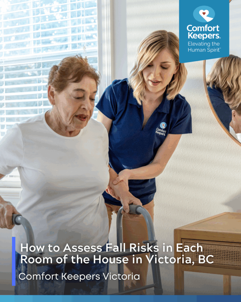 A senior woman is supported by her caregiver while walking | How to Assess Fall Risks in Each Room of the House in Victoria, BC | Comfort Keepers Victoria