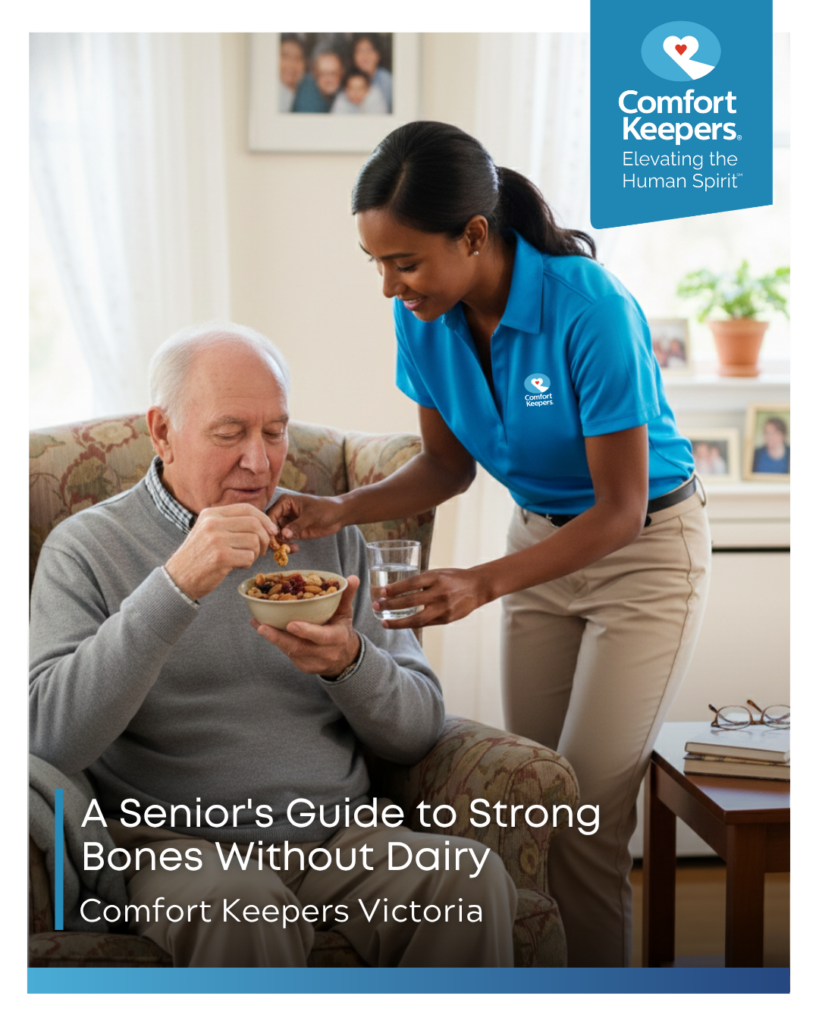 A senior male eats a healthy meal brought to him by his caregiver | A Senior's Guide to Strong Bones Without Dairy | Comfort Keepers Victoria