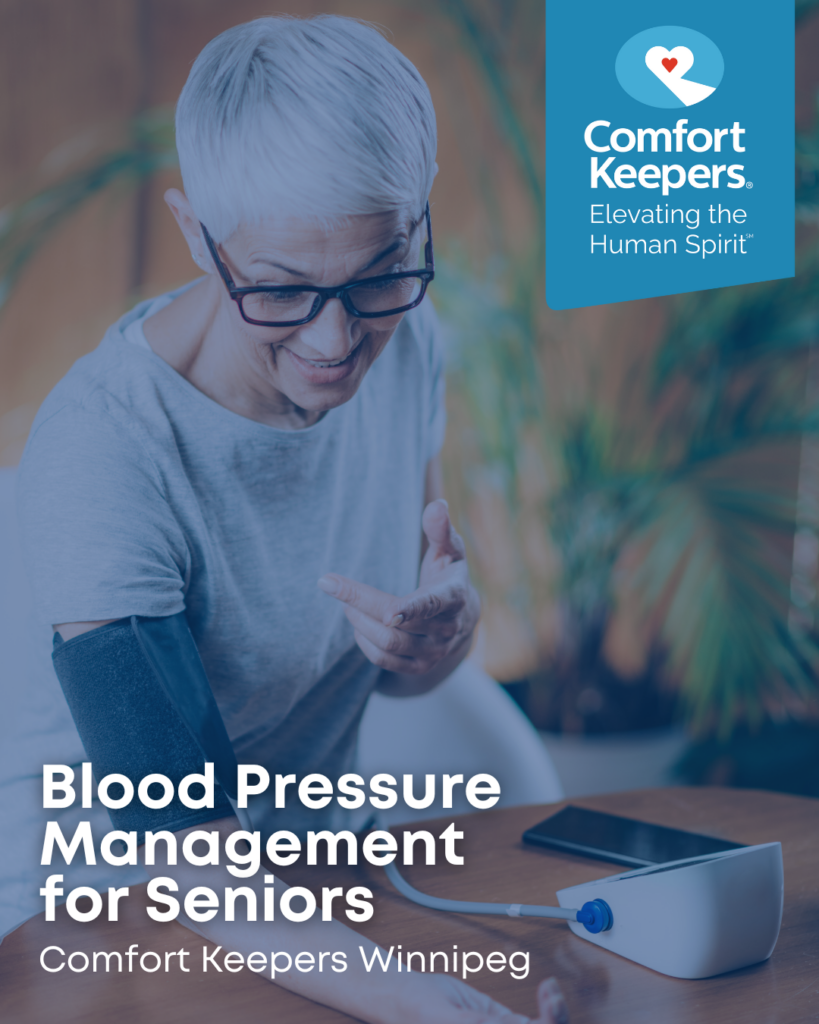 Senior woman checking blood pressure | Blood Pressure Management for Seniors | Comfort Keepers Winnipeg | BLOG POST