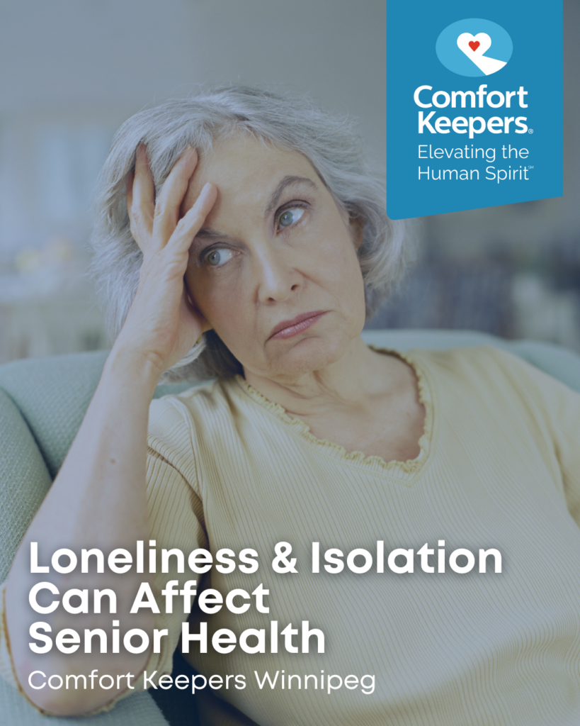 Senior woman seated on couch looking off into the distance | Loneliness and Isolation Can Affect Senior Health | Comfort Keepers Winnipeg | BLOG POST