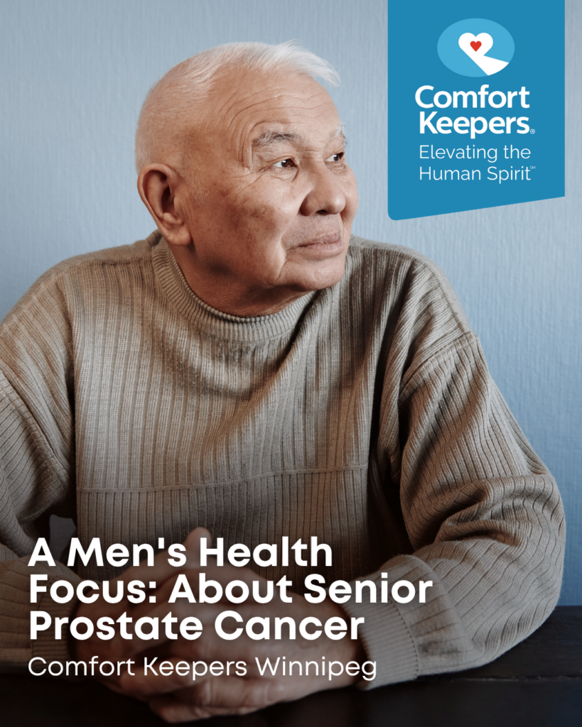 Senior male seated and looking over shoulder | A Men's Health Focus: About Senior Prostate Cancer | Comfort Keepers Winnipeg | BLOG POST