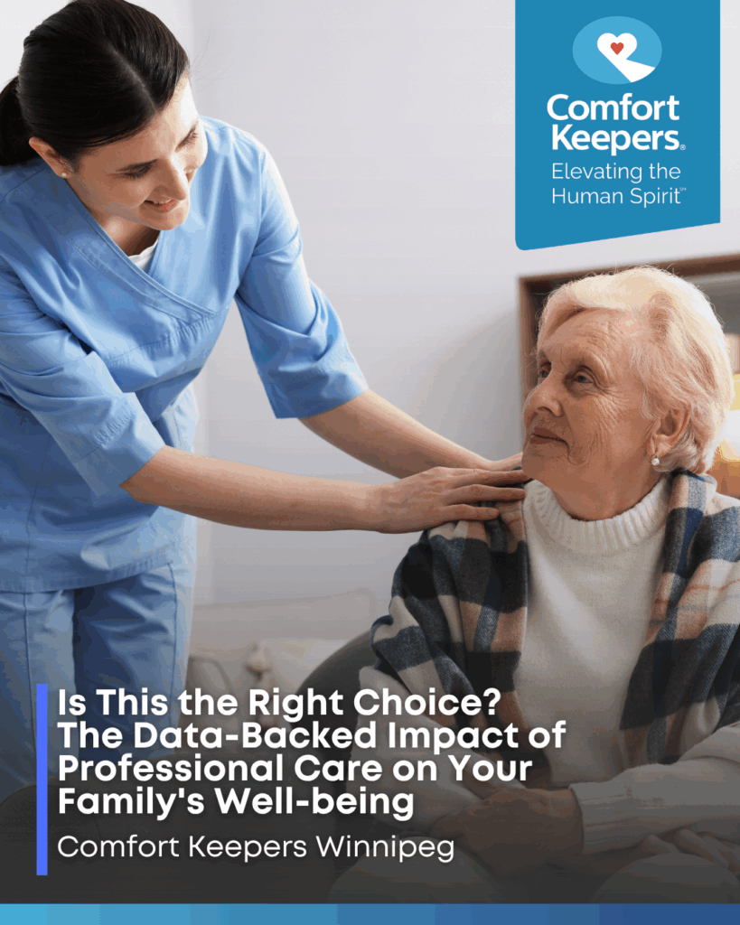 A seated senior interacting with her caregiver | Is This the Right Choice? The Data-Backed Impact of Professional Care on Your Family's Well-being | Comfort Keepers Winnipeg | BLOG POST