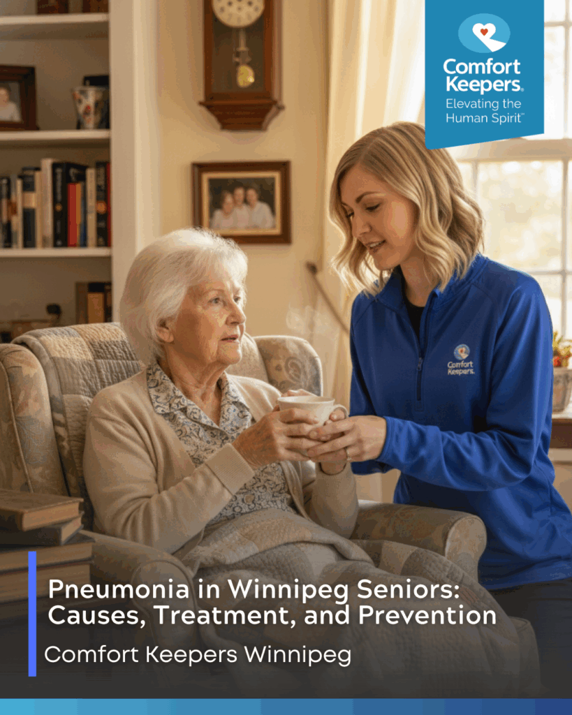 A senior woman receives a cup of tea from her caregiver | Pneumonia in Winnipeg Seniors | Comfort Keepers Winnipeg